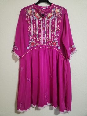 Johnny Was Diega Boho-chic Floral Embroidered Tunic Dress Raspberry Pink Medium 